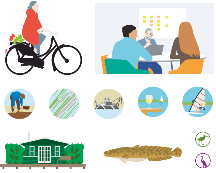 voorbeelden van illustraties in de nieuwe illustratiestijl, zoals een vrouw op een fiets en mensen aan het overleggen aan een tafel