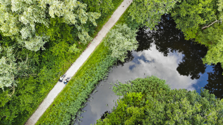 luchtfoto fietsers in natuur