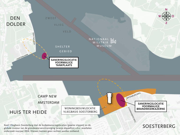 Kaart van Vliegbasis Soesterberg met de saneringslocaties en de contour van de grondwaterverontreiniging.